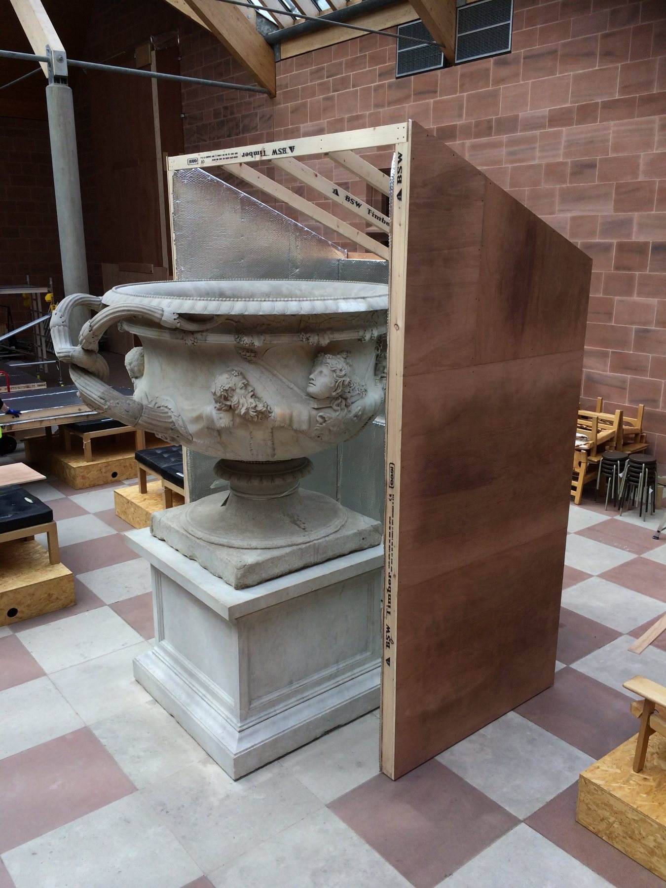 The Warwick Vase at the Burrell Collection, with a temporary protective enclosure being built around it