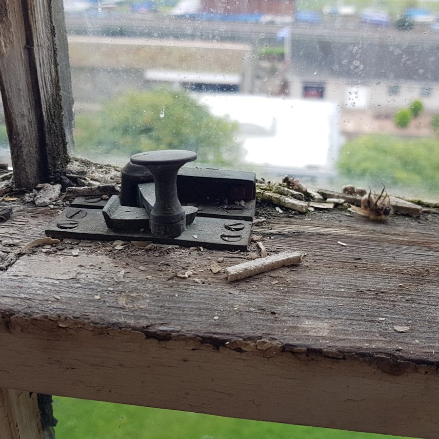 Decayed meeting rail with its original fastener and crumbling putty