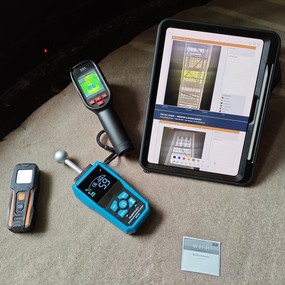 Condition survey kit: moisture meter, torch, magnifier and notebook
