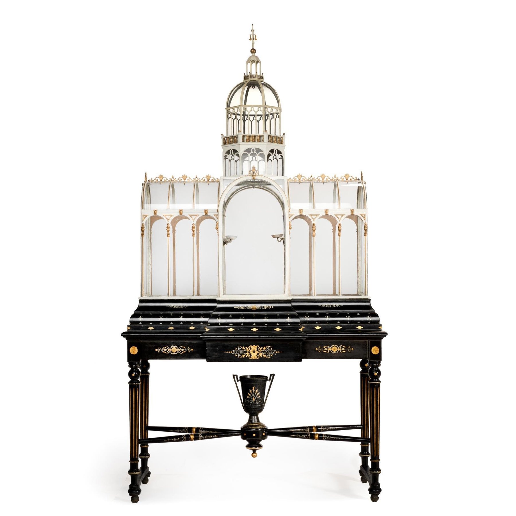 The Wardian case after treatment, a white and gilded glass fern case on an ebonised stand
