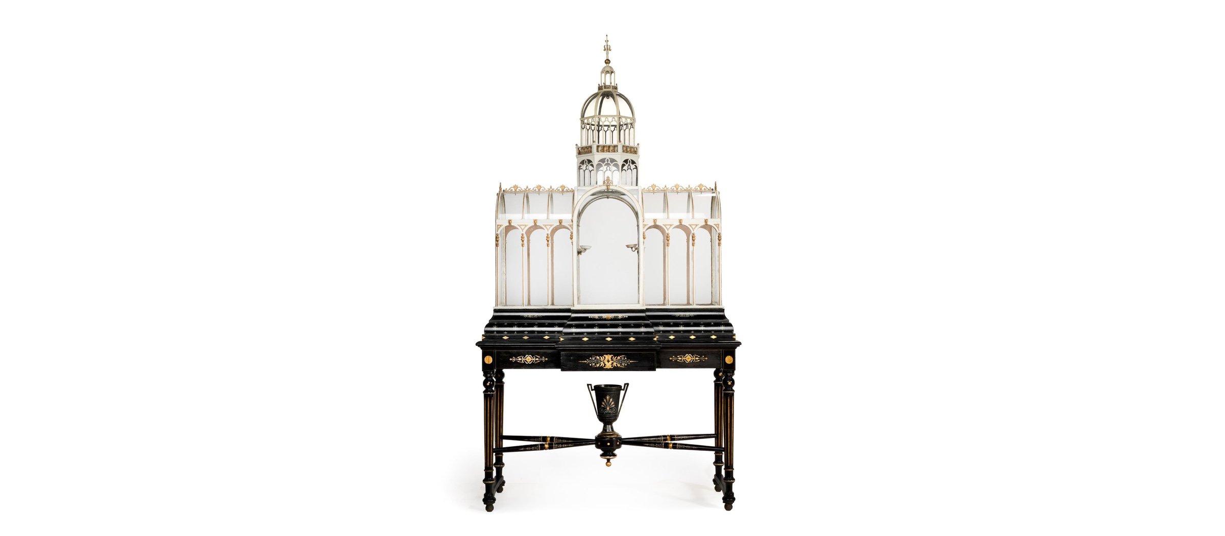 The Wardian case after treatment: a white and gilded glass fern case with a domed lantern, on an ebonised stand with a vase below